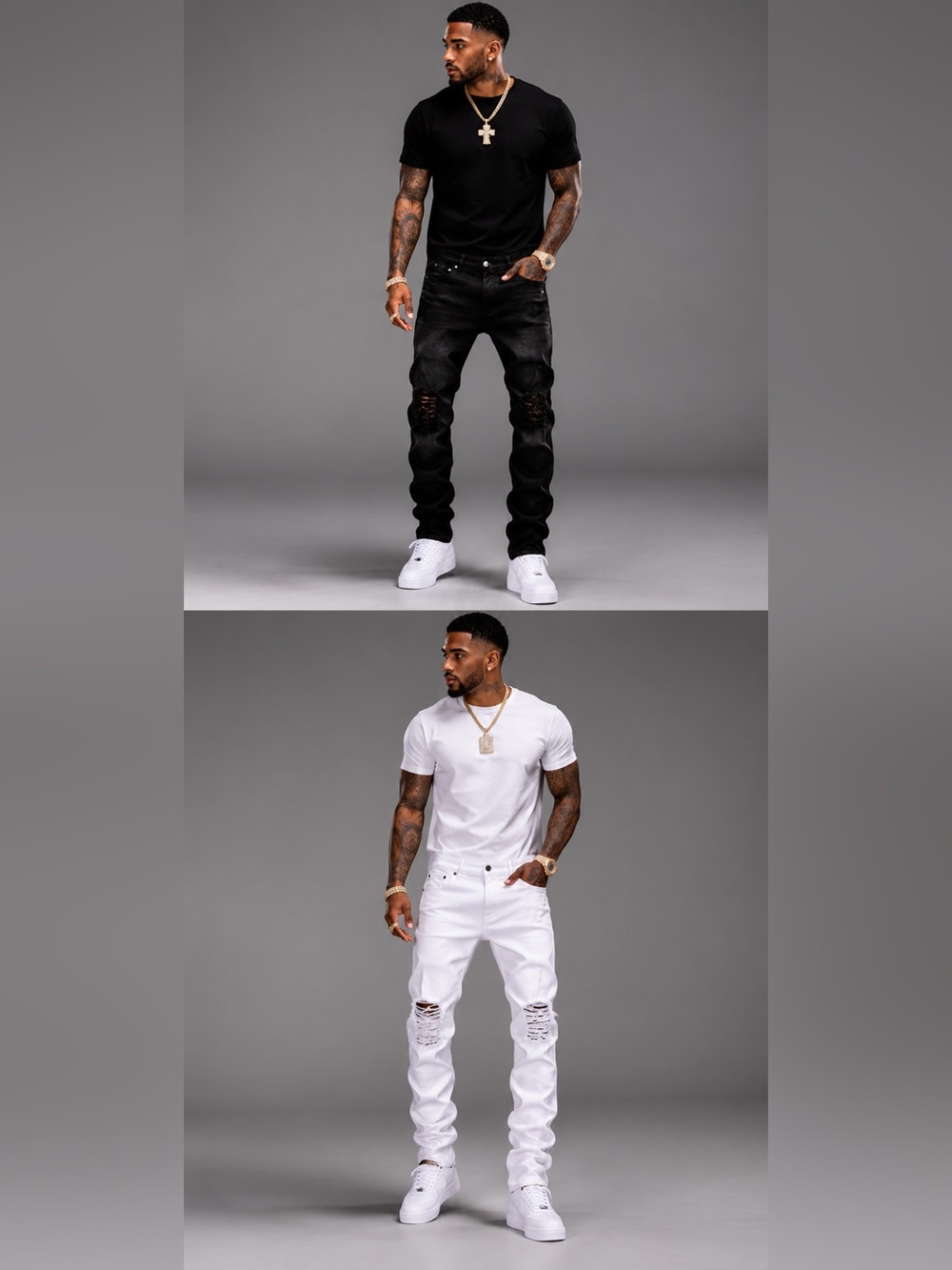Glitz Slim Ripped Men's Jeans - Black & White